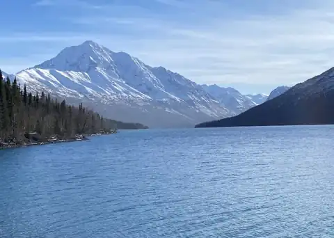 Eklutna Lake and snow-covered Chugach Mountains near Anchorage, Alaska